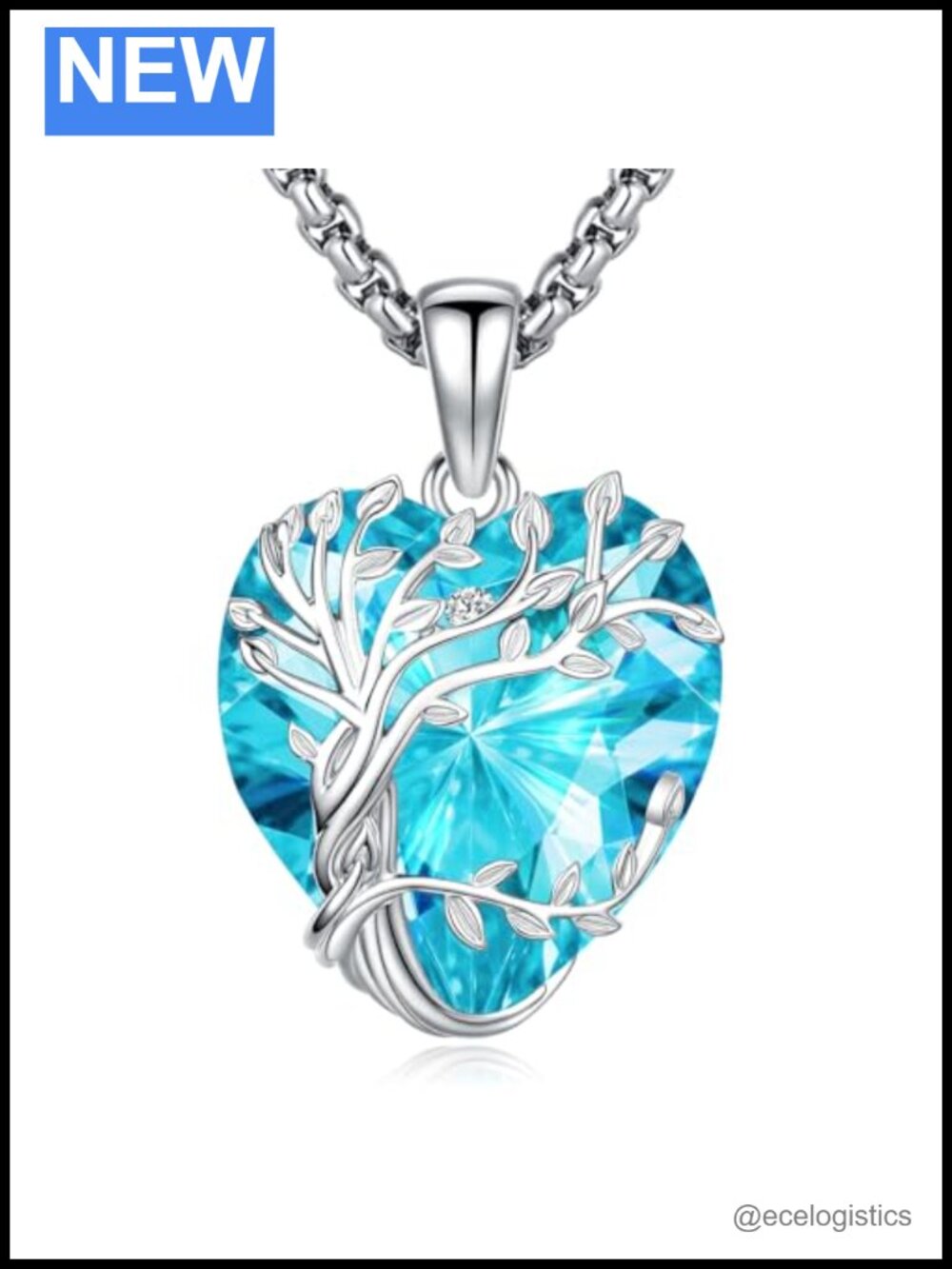 Tree of Life Heart Aquamarine Birthstone Pendant Necklace White Gold Plated